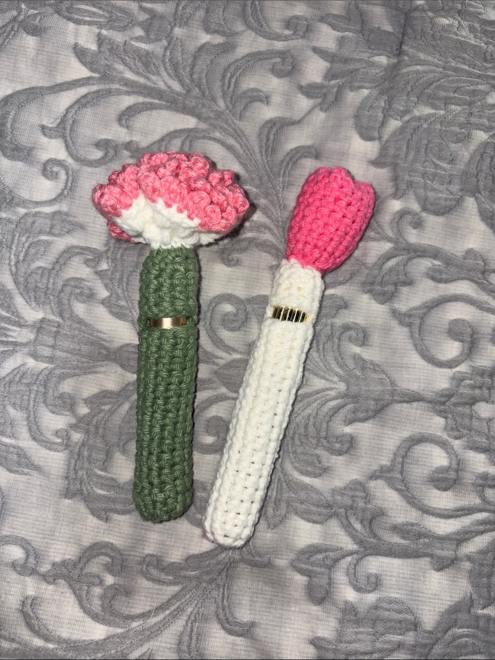 Handmade Crochet Flower Lipstick Holders - Pink, White, Green